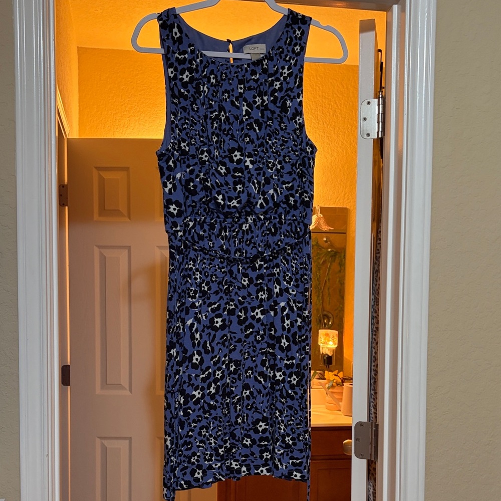 LOFT Blue and Black Patterned Midi Dress